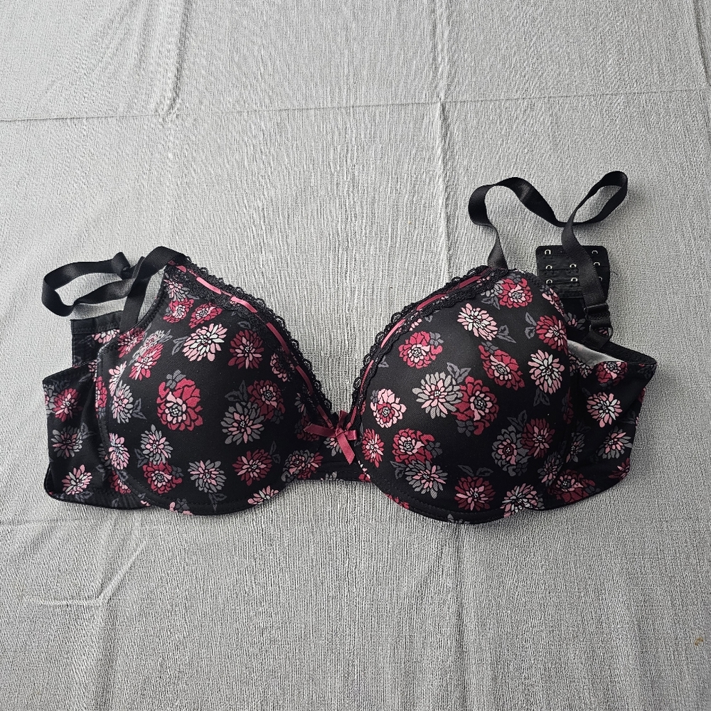 Just Be Black Pink Floral Bra 38D Underwire Lightly Lined